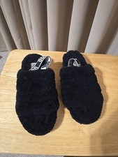 WOMENS UGG SLIPPERS-SIZE 7-BLACK-OH YEAH-SLING BACK-FAUX FUR- 24J