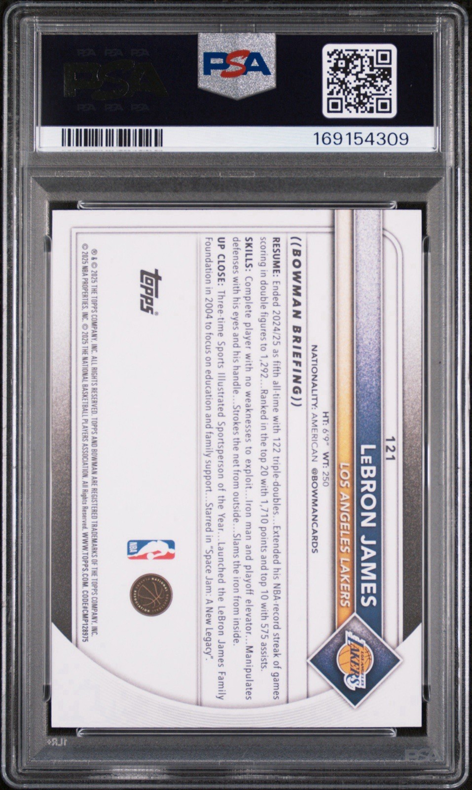 2025 BOWMAN 121 LeBRON JAMES PSA 10 - Los Angeles Lakers view 2