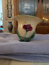Art Glass Hand Blown Speckeled Vase W/ Flowers  Leaf  s - Excellent