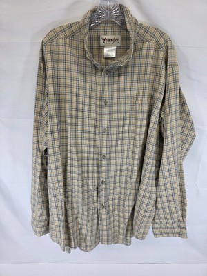 Wrangler Rugged Wear Mens XXL Plaid Button Down Shirt Tan Blue WGGH50593
