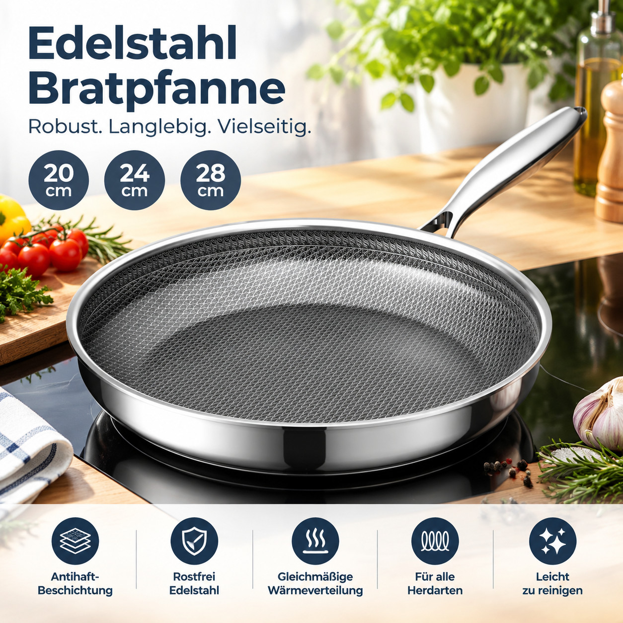 Bratpfanne Edelstahl Pfanne 24cm antihaft kratzfest Wabenstruktur alle Herdarten