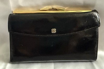 Vintage BOSCA Black Leather Clutch Wallet Gold Clasp Kiss Lock Organizer