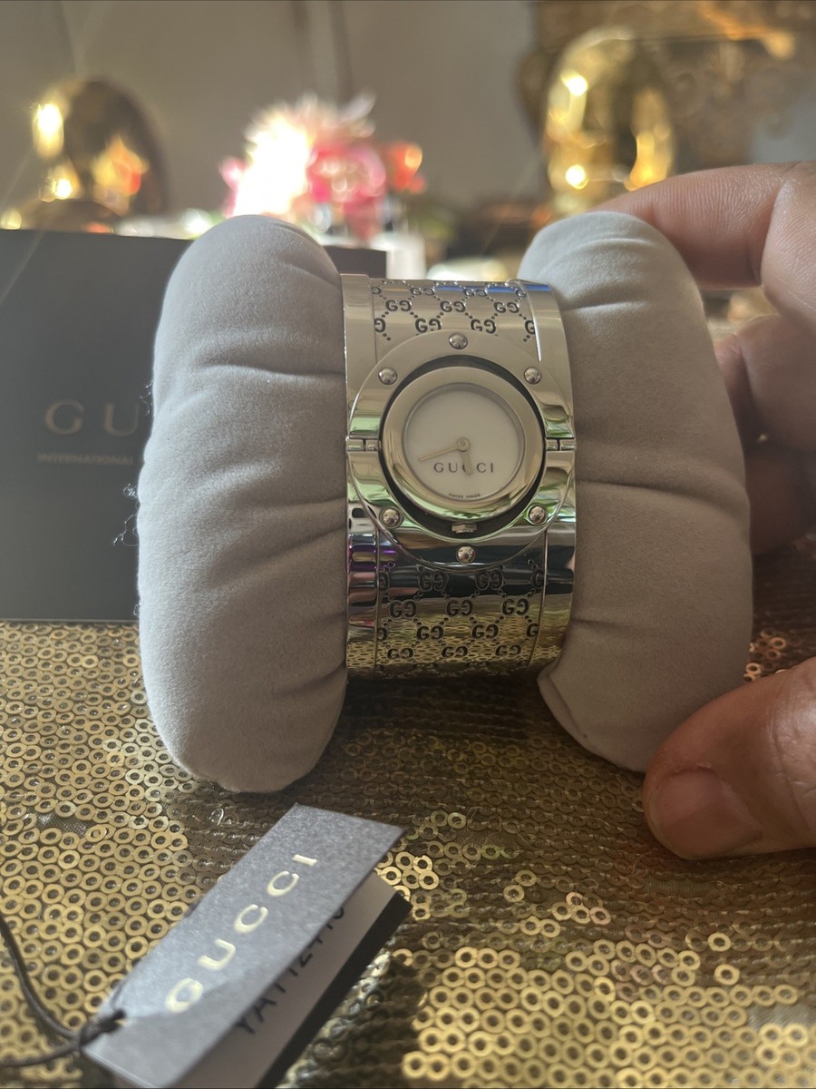 Gucci Wide Twirl Watch Bangle Silver Emboss Logo Swiss Made Mother