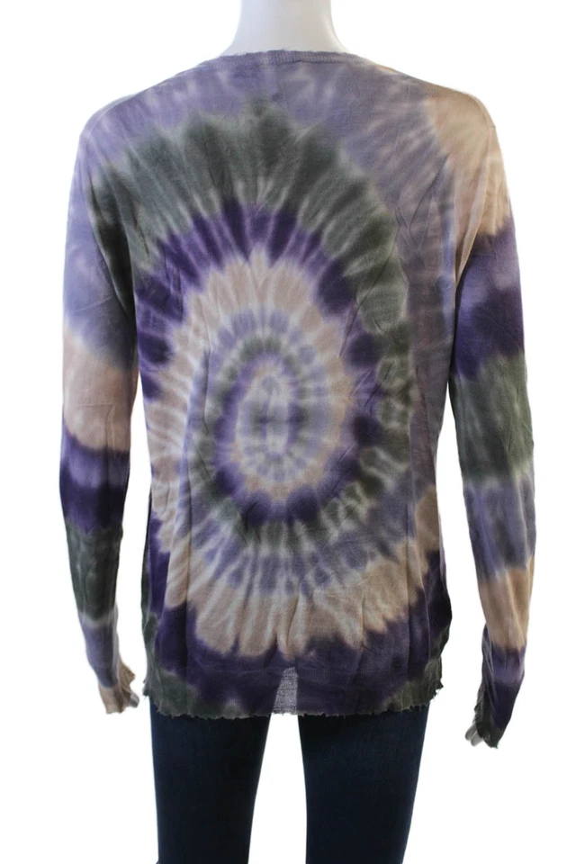 Camisa de algodón de otoño cachemir para mujer cuello redondo teñida con corbata púrpura verde pequeña Foto 3 de 4