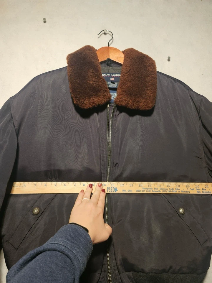 Polo Ralph Lauren Bomber Puffer Jacket Mens Large Black Down Feathers Lambswool - Image 4 of 4