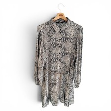 Ladies Long Sleeved Dress Black Beige Snakeskin Print Collared Belted Size 18