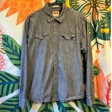 Wrangler Mens Blue Denim Pearl Snap Long Sleeve Western Shirt Large L RN130273