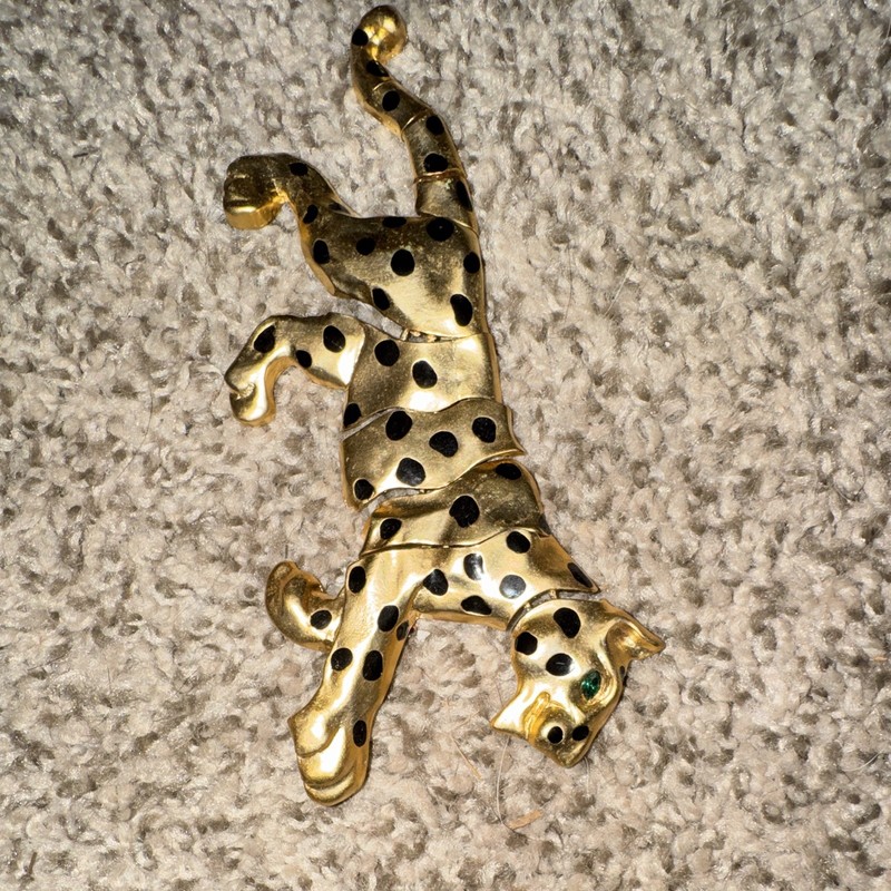 Gold Black Spotted Cat Pin Brooch with Green Eye Detail