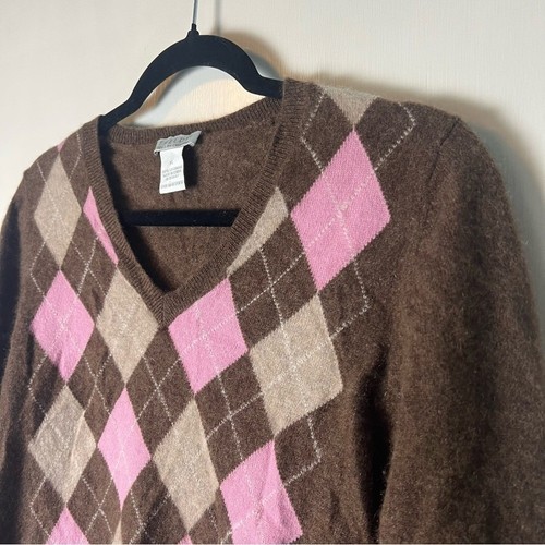 Tweed Juniors Vintage 100% Kaszmir Argyle Sweter Dekolt w serek lata 90. brązowy różowy rozmiar XL - Zdjęcie 4 z 5