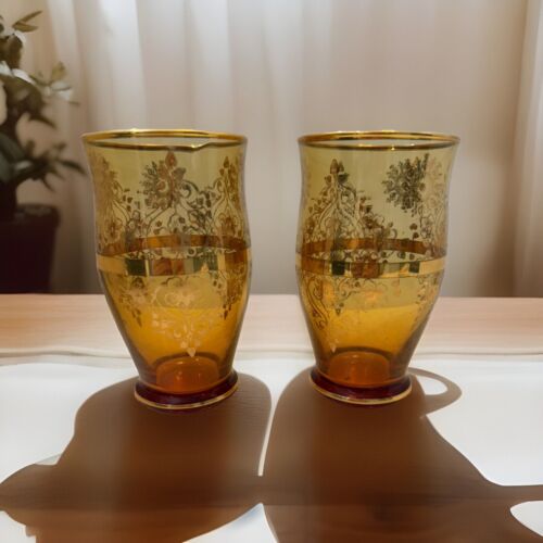Hand Blown Amber Murano Glass 6.5" Millefiori Drinking Glasses From Murano, It