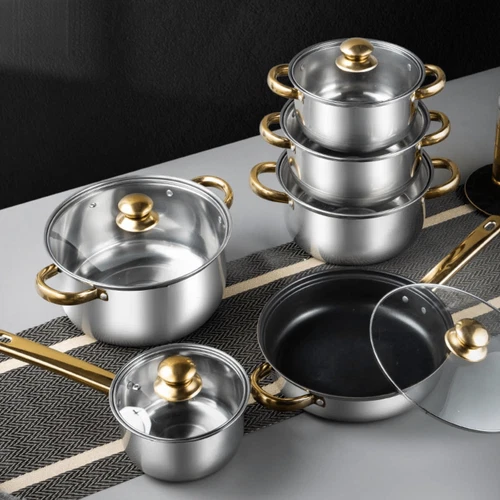 12Pcs Stainless Steel Pots/Pans Set Stay-Cool Handles Gold