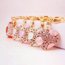 Heart Rose Flowers Crystal Rhinestone Keyring Keychain Car Bag Key Chain Ring