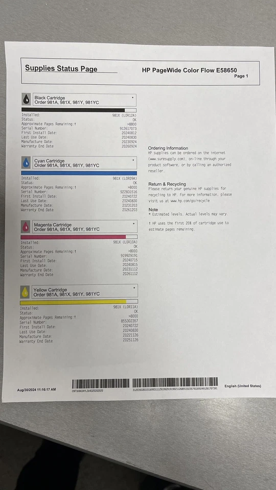 ✅Juego completo K/C/M/Y✅90%-100%✅HP OEM 981X TINTAS HI-YLD LOR09A/LOR10A/LOR11A/LOR12A Foto 2 de 4