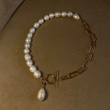 Half Baroque Pearl  Half Chain Necklace For Women