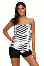 Women Swim Wear Black White Polka Dot Tank Swimsuit 2 PC Shorts Tankini Set