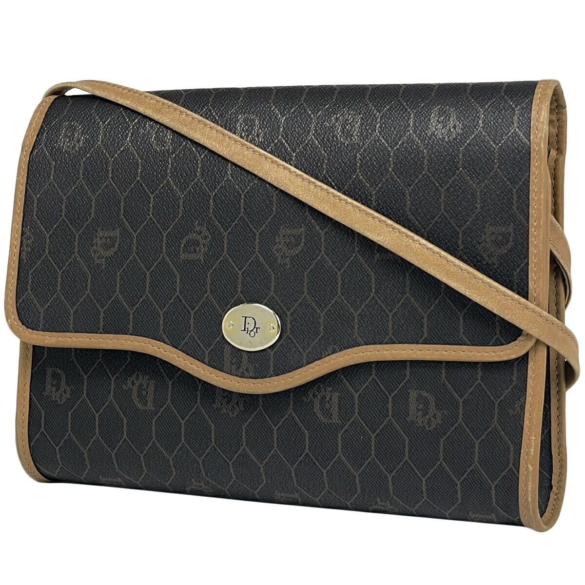 Sac bandoulière Christian Dior motif nid d'abeille toile enduite noir marron authentique