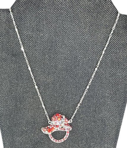 Vintage Costume Silver Tone Necklace Red Rhinestone Lady English Hat Pendant - Picture 2 of 12