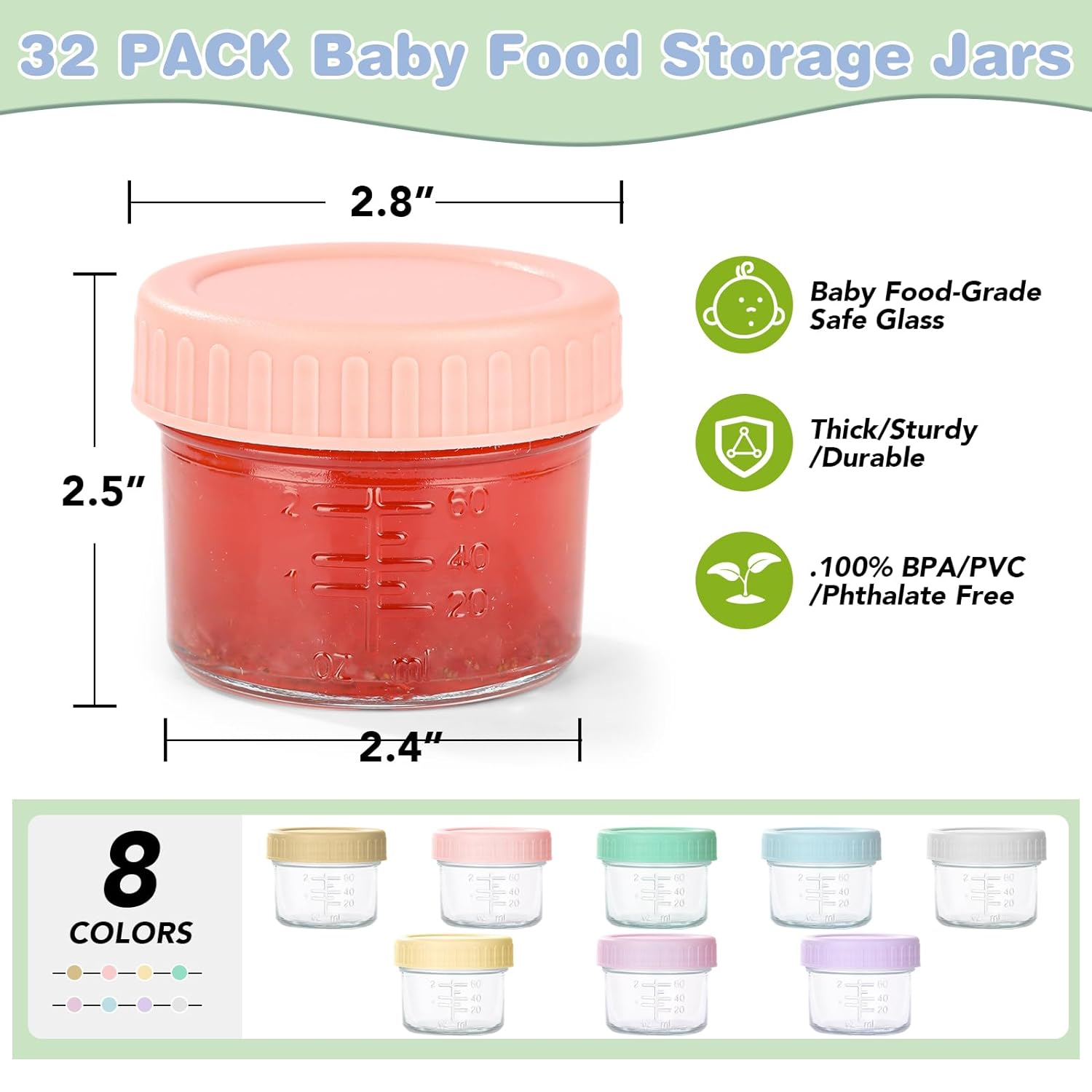 32 Pack Glass Baby Food Storage Containers, 4 Oz Leakproof Baby Food