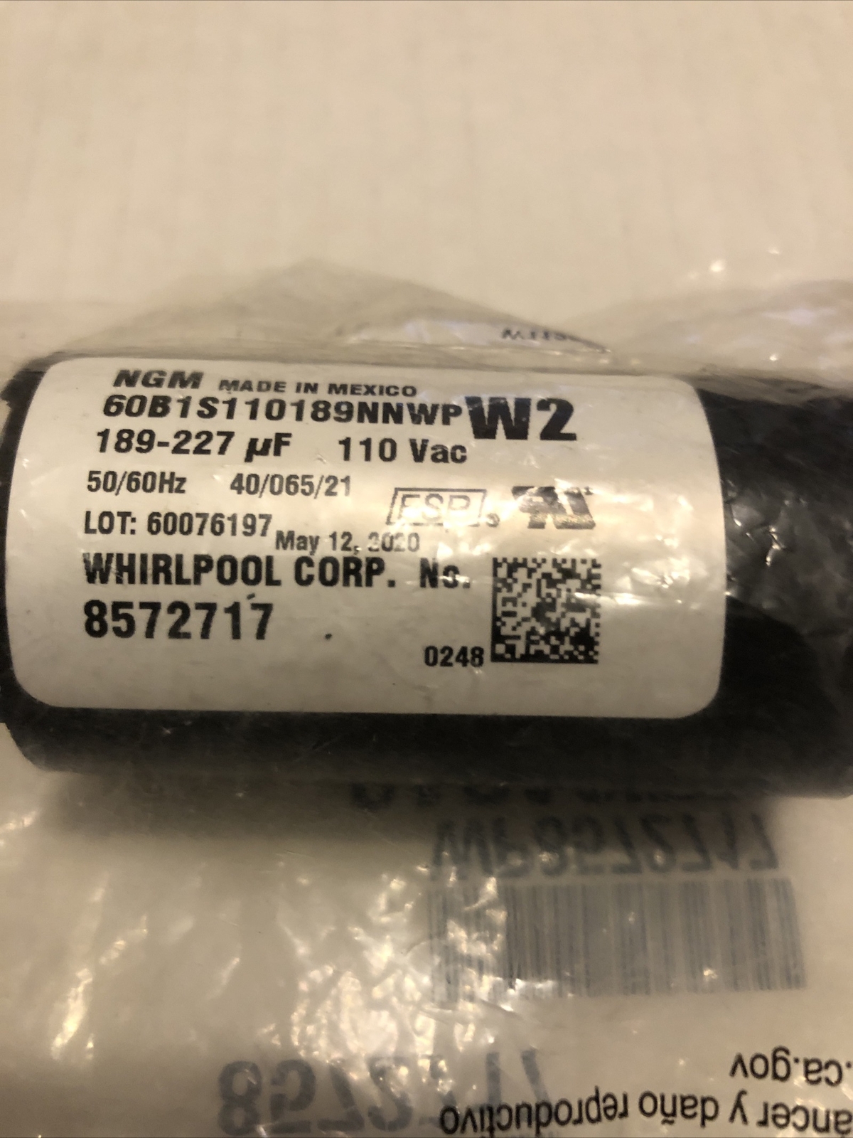 Whirlpool 482156 Start Capacitor Washer