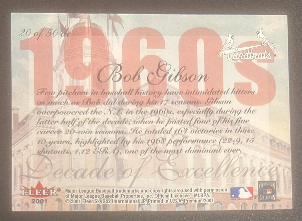 Bob Gibson 2001 Fleer Premium Decade of Excellence 1960s #20 St. Louis Cardinals - Image 2 of 2
