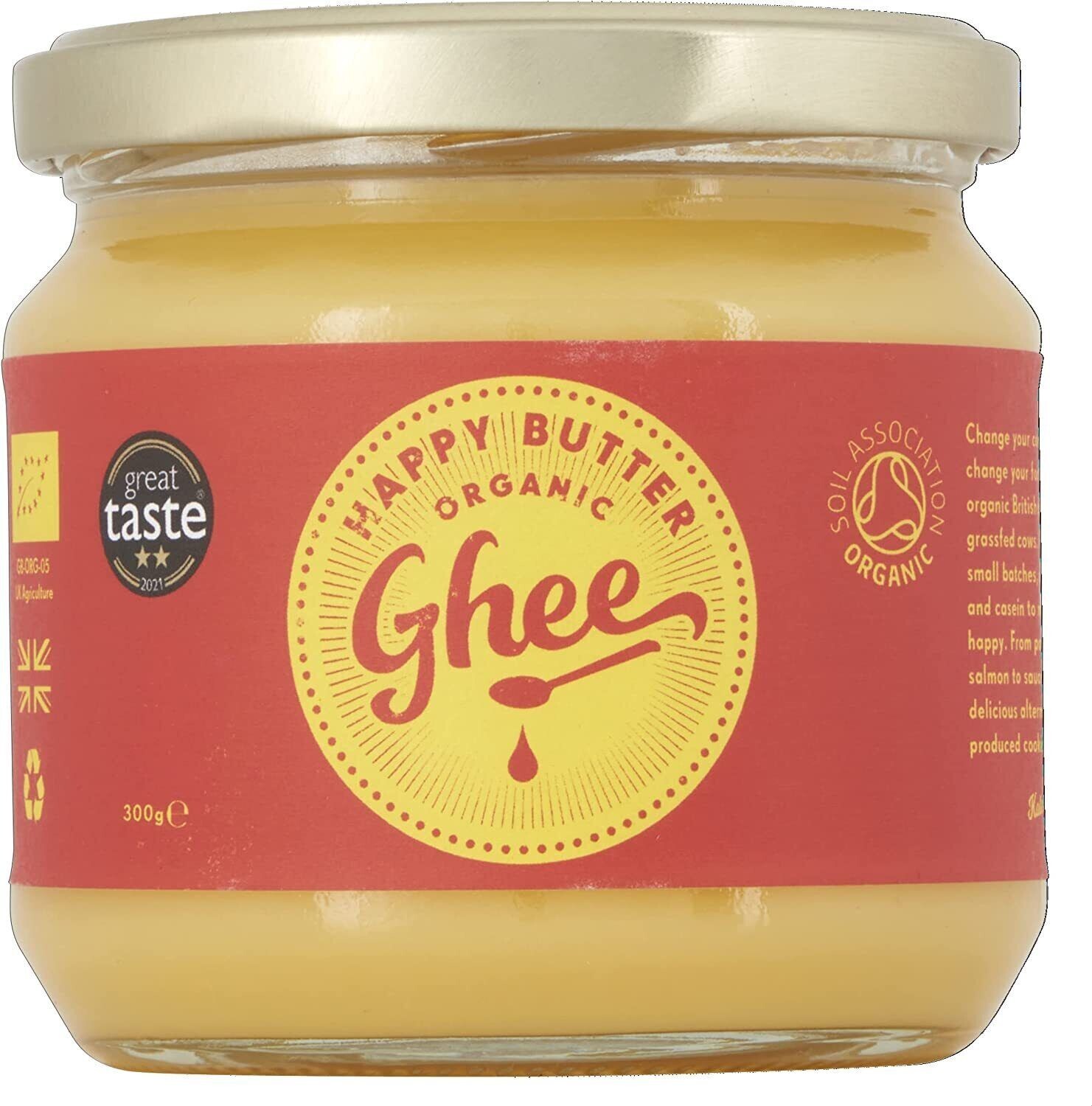 HAPPY BUTTER Organic Ghee Grassfed  British Clarified Butter  Glass JAR 300g