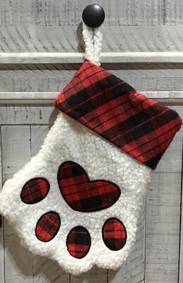 Dog Cat Pet Paw Print Heart Christmas Stocking Red Black Plaid Faux Fur 13 in