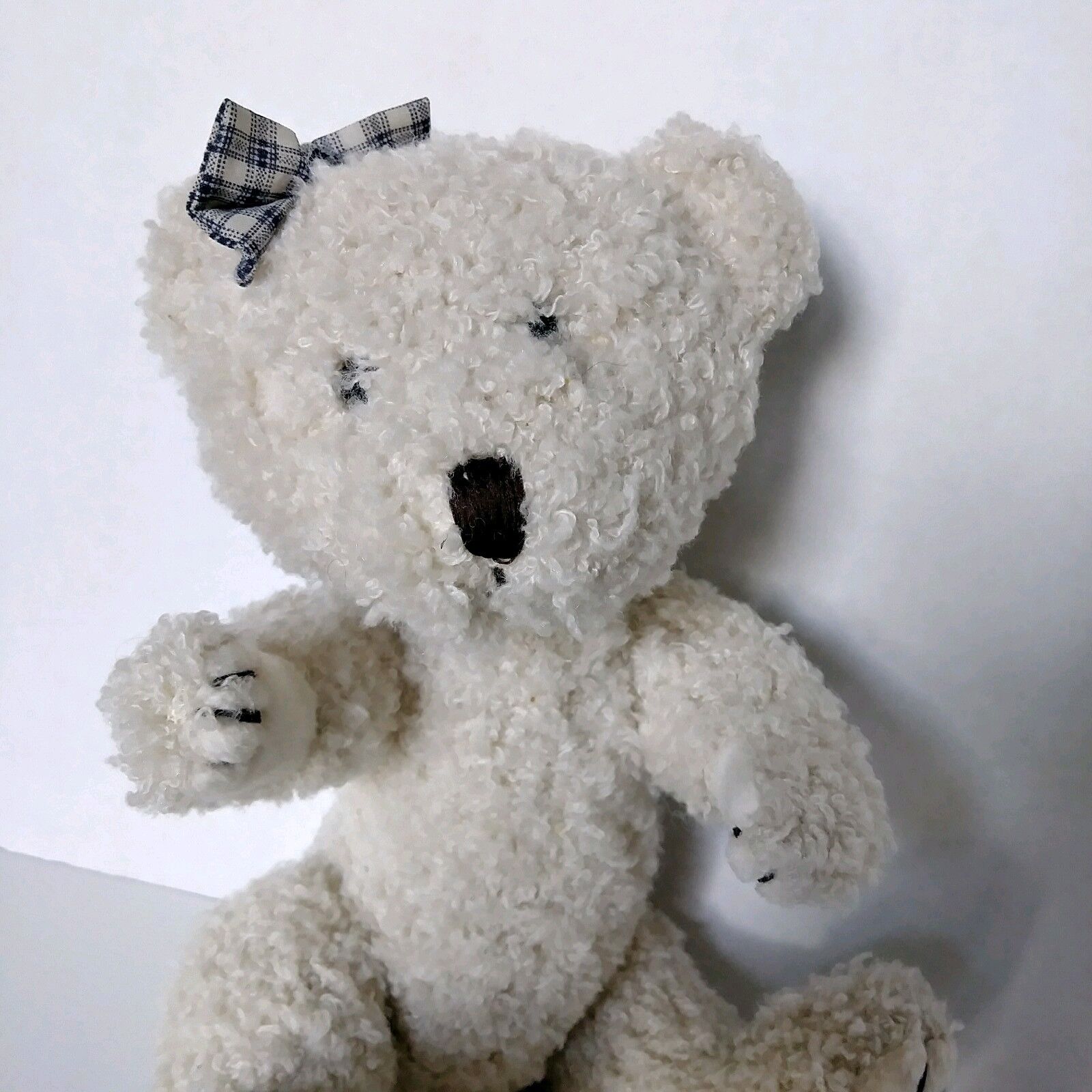 Small Stuffed Bear with Bow; Adjustable Head, Arms, & Legs; Off-white