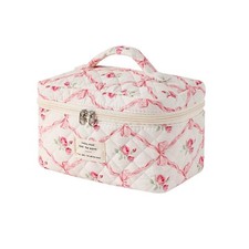 Large Quilted Makeup Bag for Women and Girls, Cute Coquette Floral Cotton Cos...