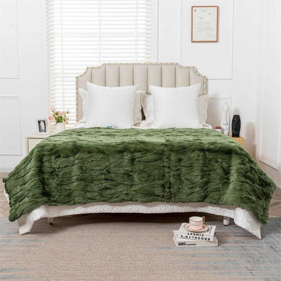 Manta de piel de conejo Rex real verde manta de cuero alfombras de piel Queen 79""x55"" Foto 2 de 4