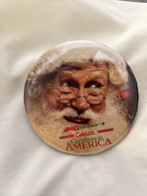 VTG K Mart Celebrates Christmas In America  Santa 3" Round Button Pin Back 1980s