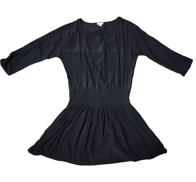 Splendid Mini Dress XS Black Satin Long Sleeve Shirred Smocked Round Neck USA