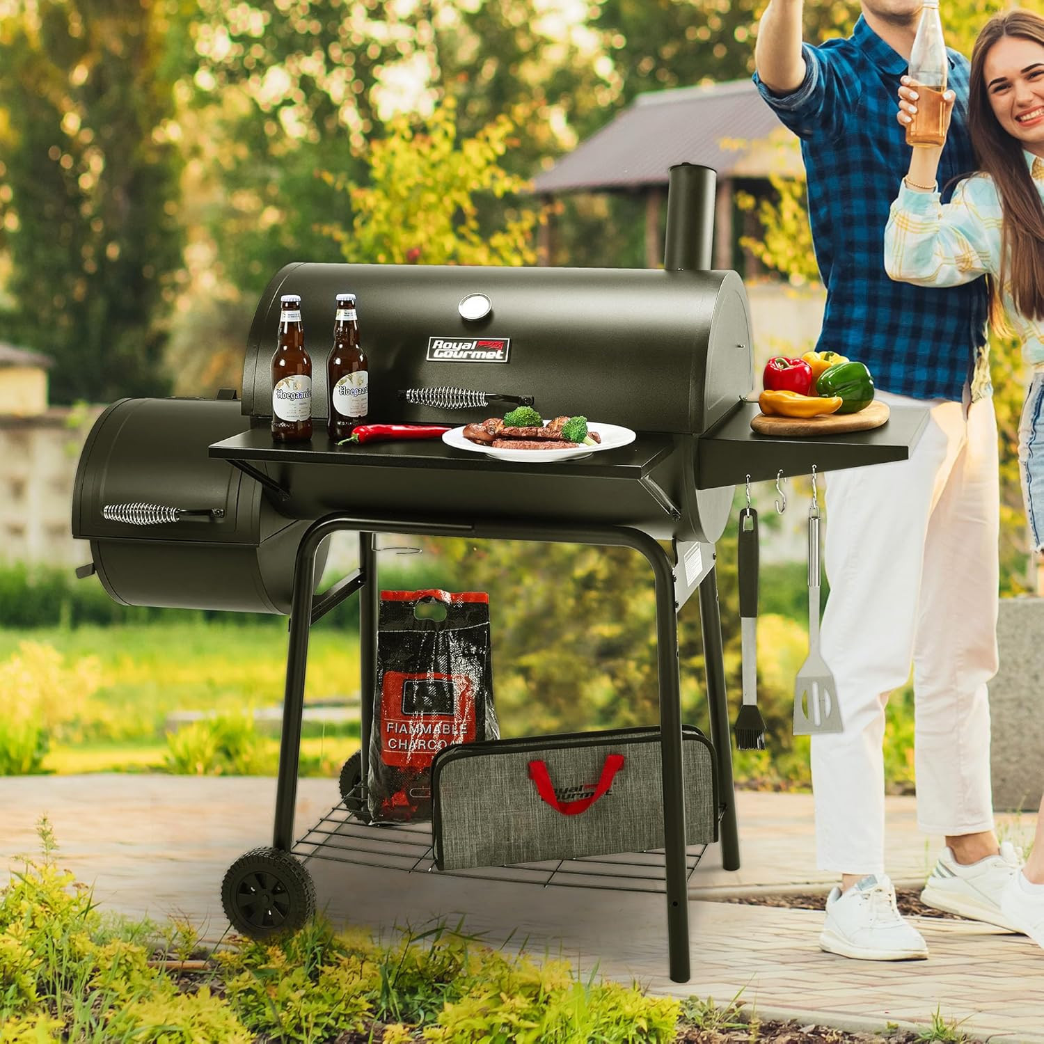 30" Charcoal Grill & Offset Smoker - 811 Sq In Cooking Surface, Black