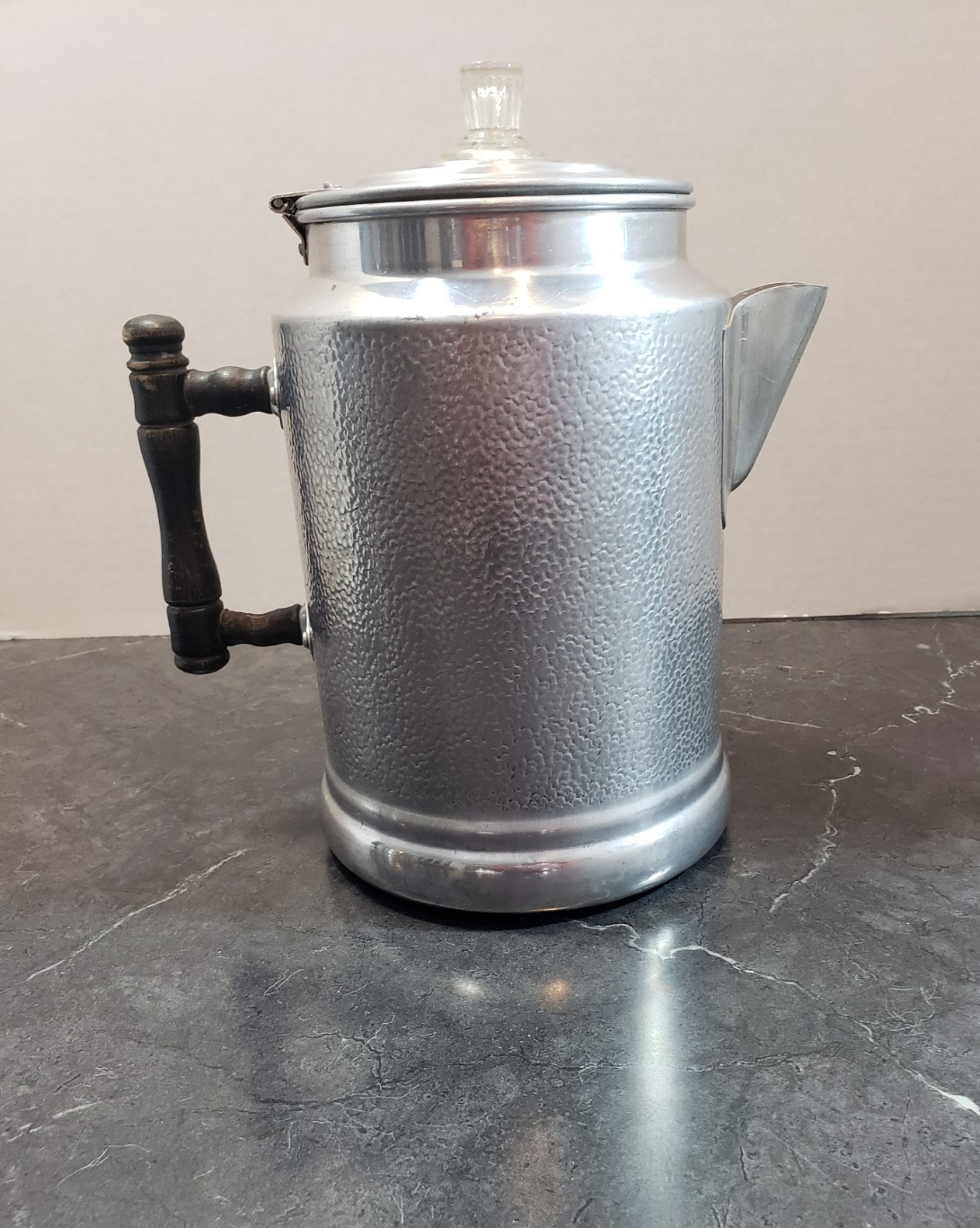Antique/Vintage Hammered Aluminum Coffee Pot with Glass Knob Farm house