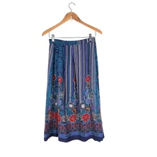 Vintage TJ's Bohemian Blue Maxi Skirt Floral Stripe Boho Cottagecore Retro