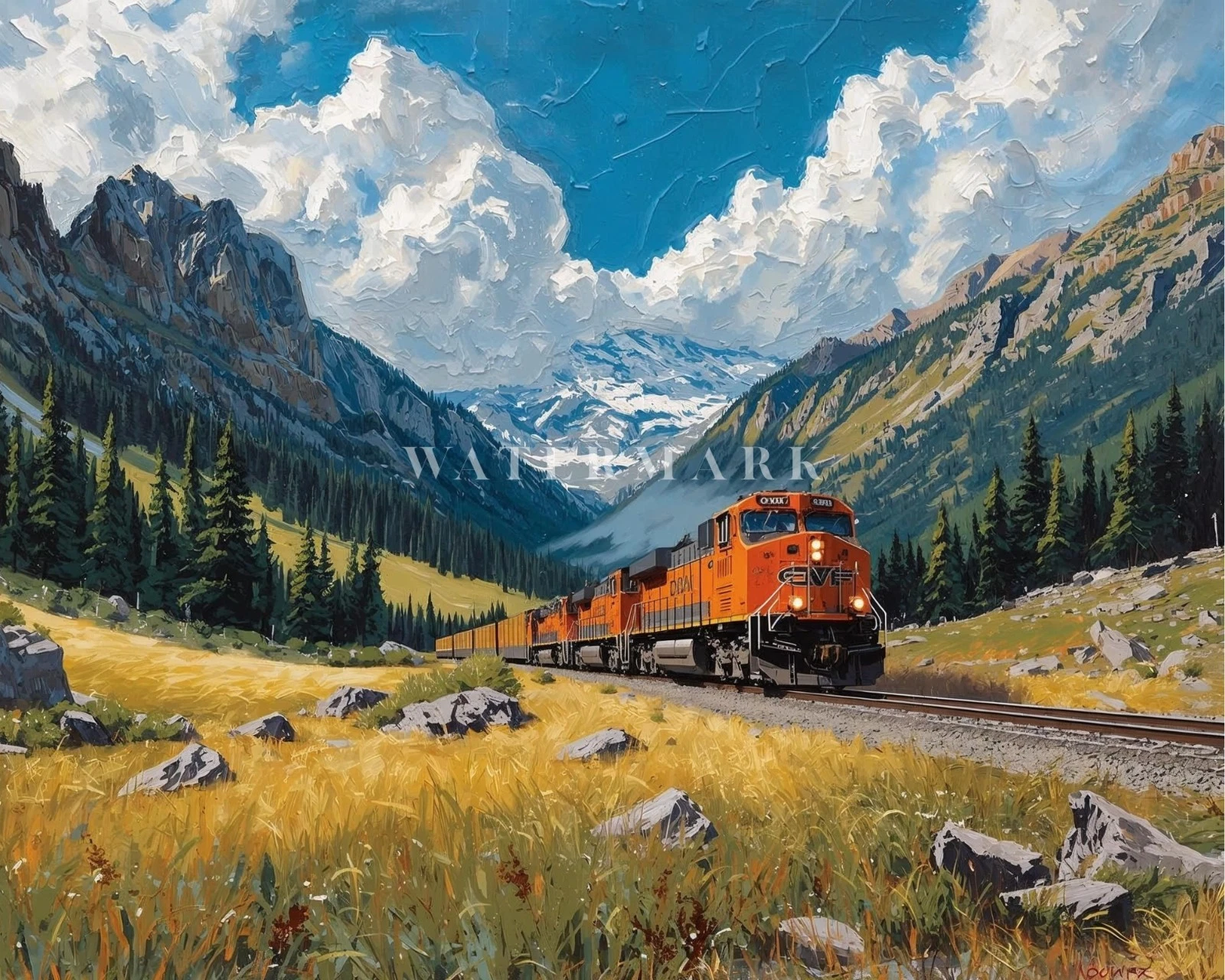 Rocky Mountain Freight Train Oil Painting Print Railroad Locomotive Wall Art
Opens in a new window o