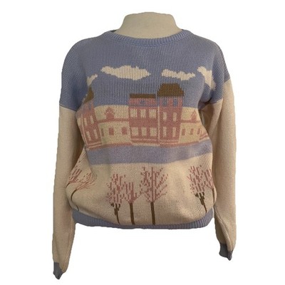 Vintage Touchy Subject Sweater M Clouds Houses Trees Cozy Cottagecore Rare 80s