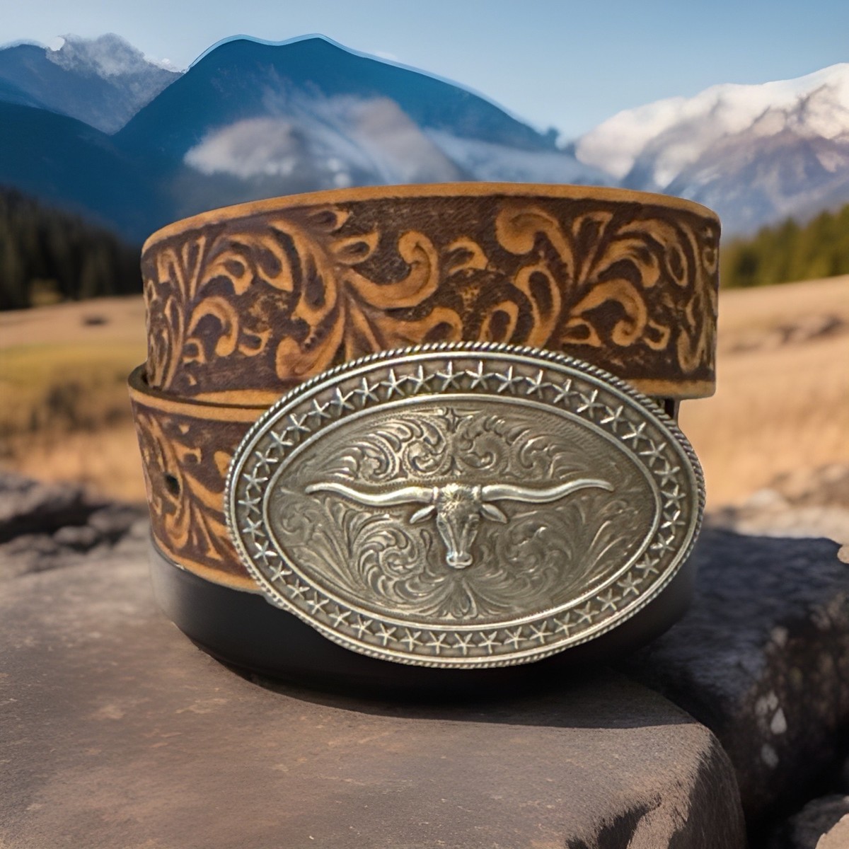 Leather Belt Longhorn Buckle Size 30 NWT Salesman Sample  display picture 2