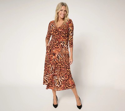 Attitudes by Renee Womens  Printed Como Jersey Ruched Midi Dress XS Animal Print