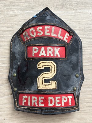 Vintage Roselle Park New Jersey Fire Dept. Leather Helmet Badge Shield Cairns