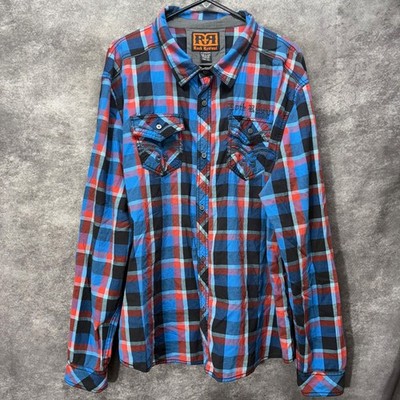 Rock Revival Plaid Pearl Snap Western Shirt Mens Size XXL Blue Red Rockabilly