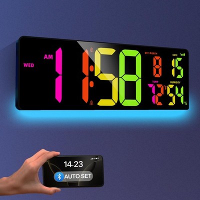 16.5 Inch Large Digital Wall Clock Bluetooth Sync Dual Alarm RGB DST Senior