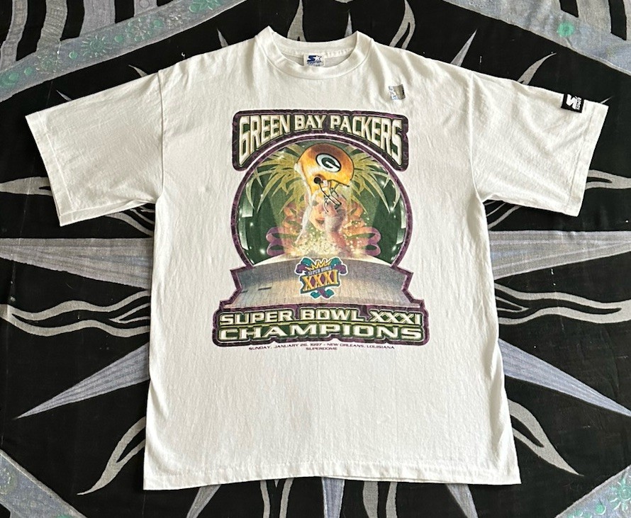 90s Vintage STARTER Mens Sz L White Packers NFL Superbowl Single Stitch T Shirt