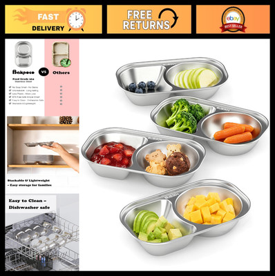 Stainless Steel Toddler Plates Set of 4 - 2-Compartment Kids Snack Plates, Divid