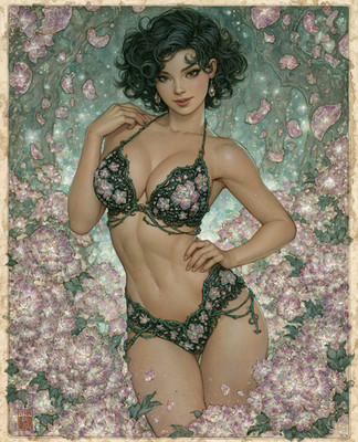 Crystal Bloom Dryad in Green Lace Surrounded by Pink Flowers Print - 710881954