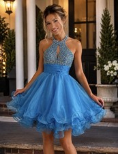 Mac Duggal Couture Aqua Blue Beaded Halter Mini Dress - Size 6