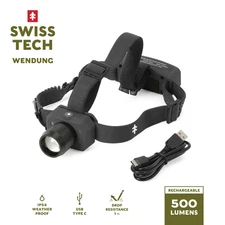 Swiss Tech Rechargeable 500 Lumens LED Headlamp, IPX4 Weatherproof, UV Blood Tra