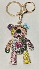 Multicolor Rhinestone Teddy Bear Bag Charm Keychain W/Goldtone HW And A Heart
