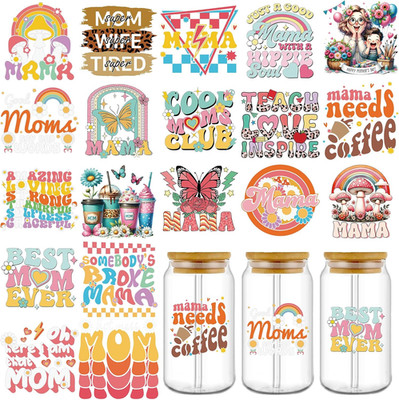 UV DTF Cup Wrap Transfer Stickers: 20 Pcs Mama UV DTF Cup Wraps for 16 Oz Glass