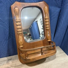 Solid Wood Framed Mirror with Shelf *Wall Decor* Shabby Farmhouse MCM* Spindles