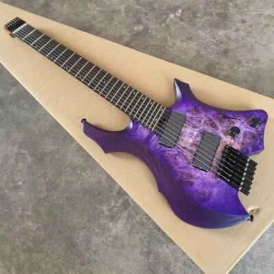 7 String Headless Electric Guitar Purple Burl Maple Active Pickups Fanned Frets